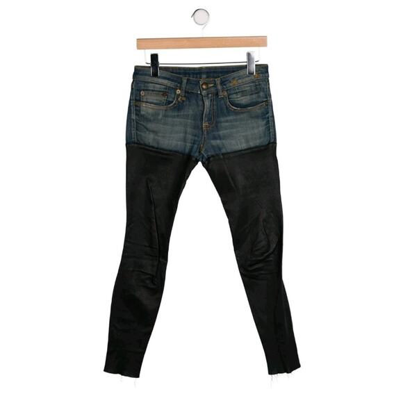 R13 Denim Stretch Leather Chaps Leggings Blue Size 24 Italy (B2 - Picture 4 of 8